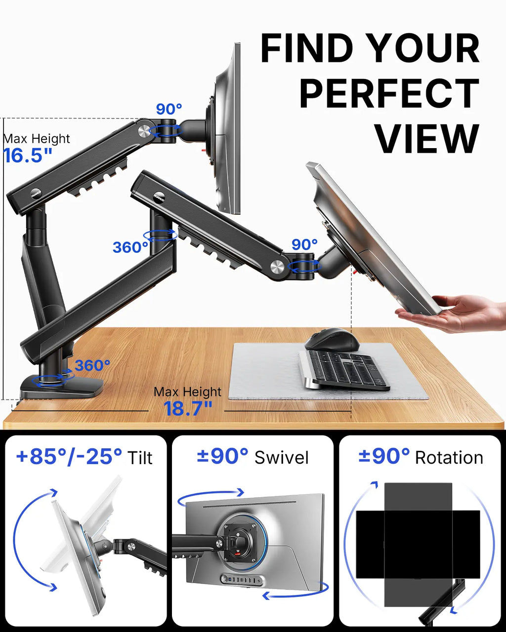 Flowlift Pro Monitor Arm – Dual & Single Screen Support (13-32”), Mechaspring Technology, Instamount, Locksteady, Precisionview – Smooth, Durable, Adjustable Setup for Gamers and Professionals"