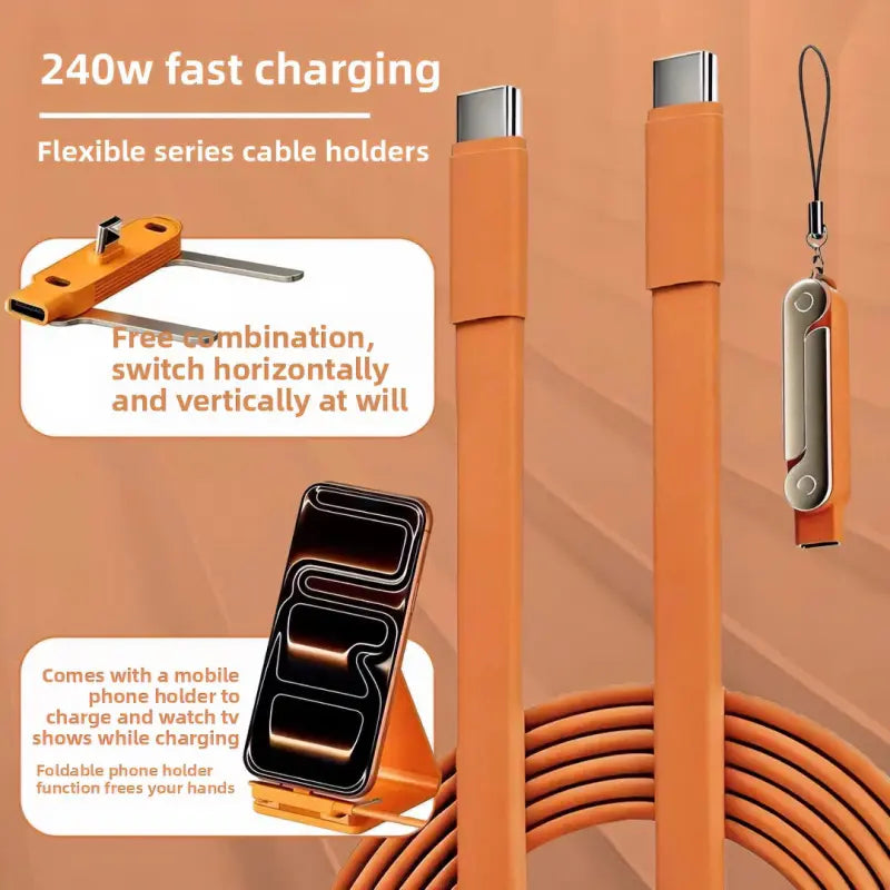 240W Supercharge 2-In-1 Detachable Type-C Charging Cable, Zinc Alloy Silicone Cable with Rotating Invisible Stand, Single-Head Extend Charger for Apple & Samsung Smartphones, Ideal for Gaming & Car Use
