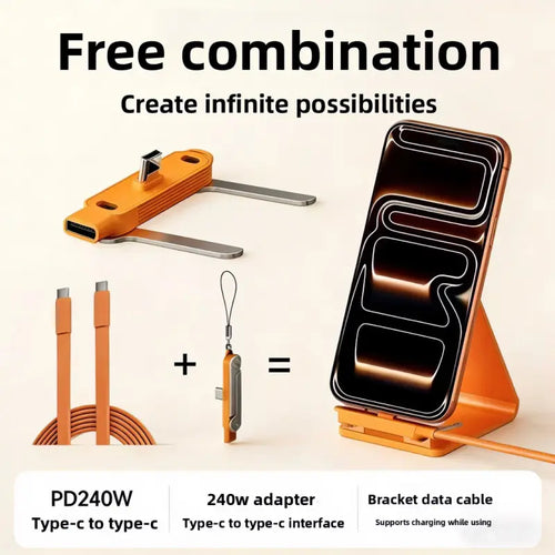 240W Supercharge 2-In-1 Detachable Type-C Charging Cable, Zinc Alloy Silicone Cable with Rotating Invisible Stand, Single-Head Extend Charger for Apple & Samsung Smartphones, Ideal for Gaming & Car Use