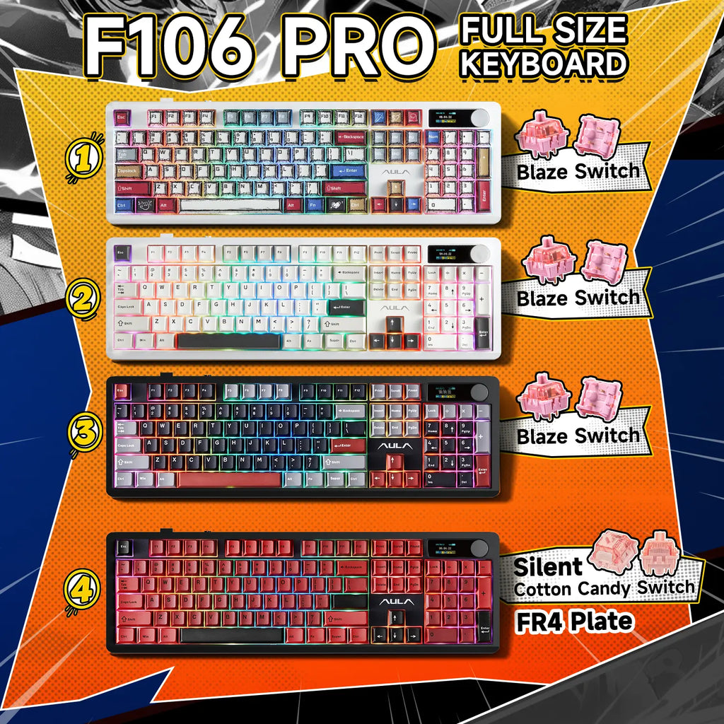 AULA F106 PRO Wireless Mechanical Keyboard,Full Size Gaming Keyboard with Hot Swappable Knob & Screen,Tri-Mode RGB Backlit with 8000Mah for Pc/Laptop/Windows