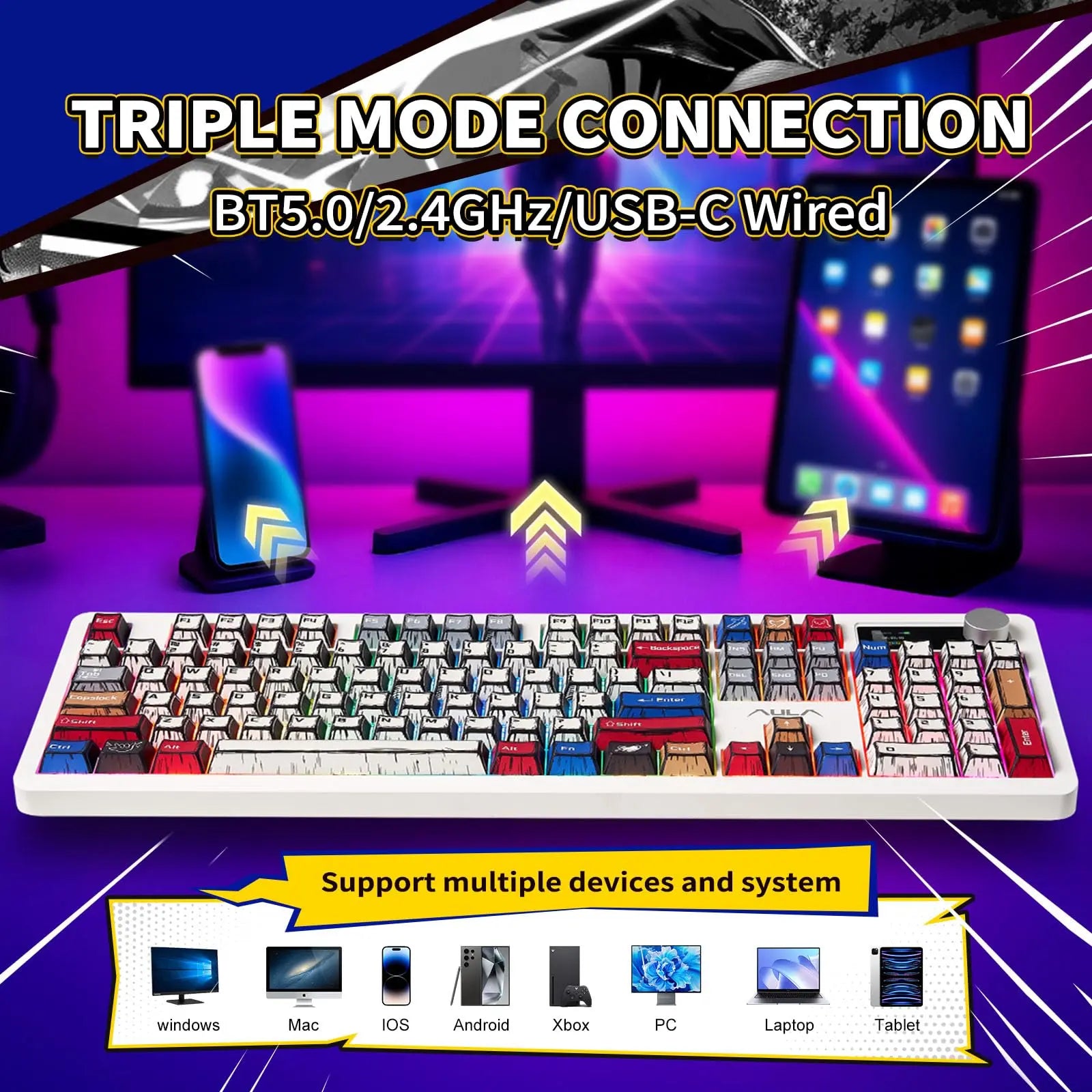 AULA F106 PRO Wireless Mechanical Keyboard,Full Size Gaming Keyboard with Hot Swappable Knob & Screen,Tri-Mode RGB Backlit with 8000Mah for Pc/Laptop/Windows