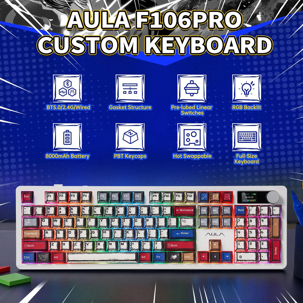 AULA F106 PRO Wireless Mechanical Keyboard,Full Size Gaming Keyboard with Hot Swappable Knob & Screen,Tri-Mode RGB Backlit with 8000Mah for Pc/Laptop/Windows
