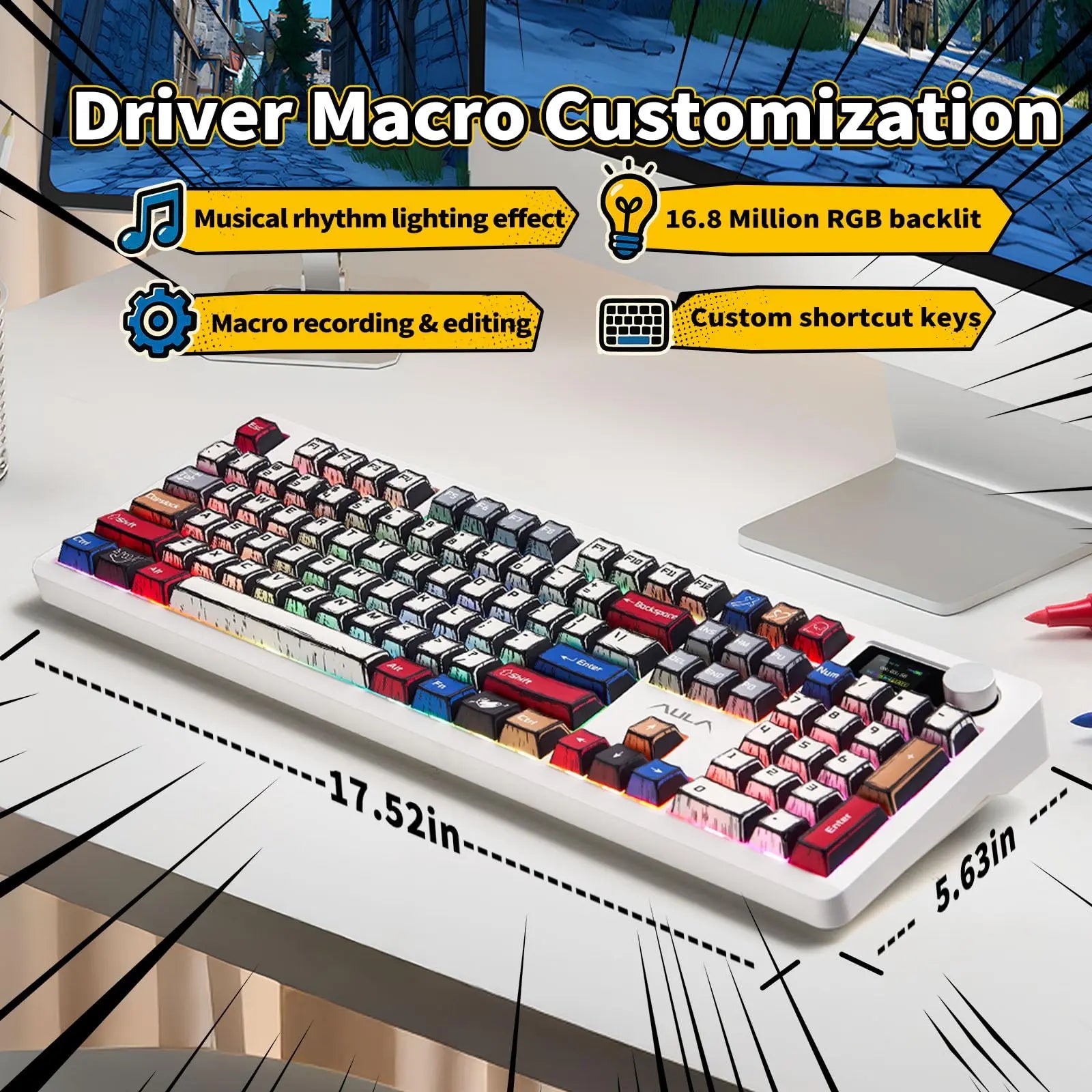 AULA F106 PRO Wireless Mechanical Keyboard,Full Size Gaming Keyboard with Hot Swappable Knob & Screen,Tri-Mode RGB Backlit with 8000Mah for Pc/Laptop/Windows