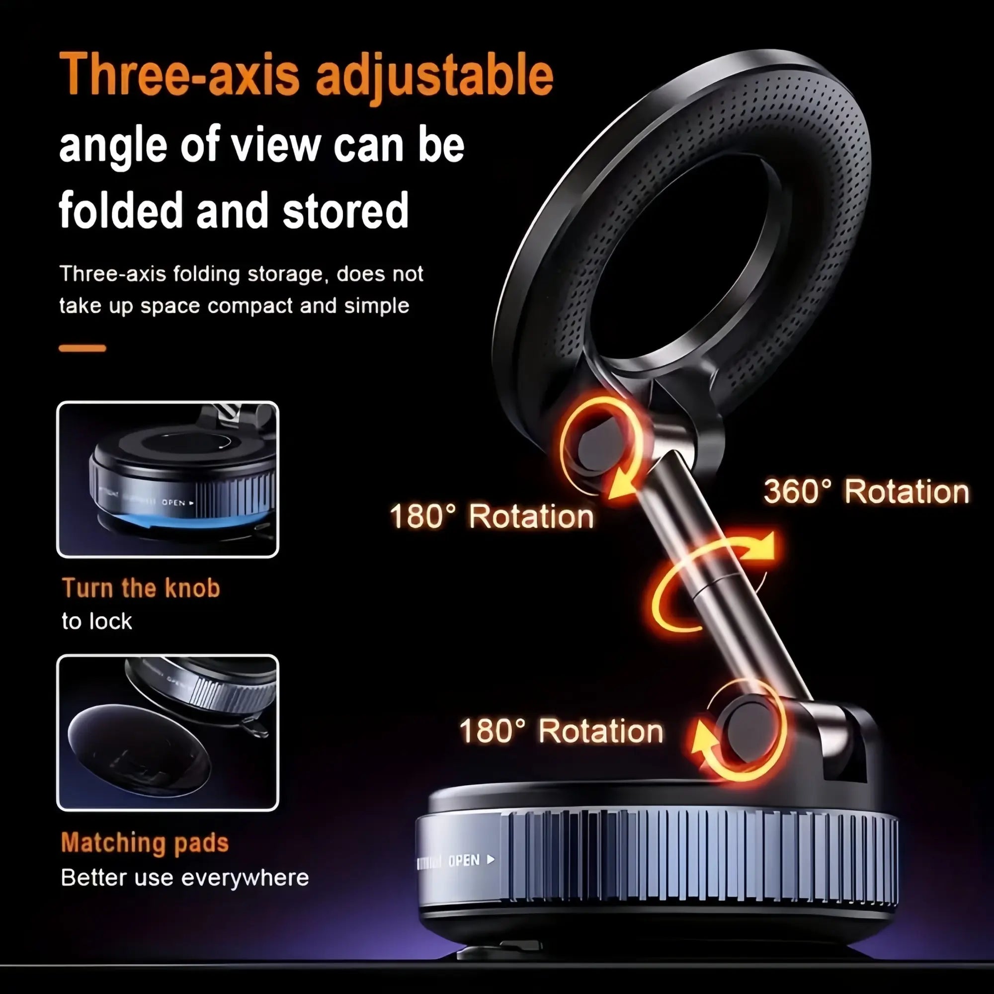 360° Rotating Magnetic Phone Stand, Foldable and Adjustable, Suitable for Car, Desk, Glass Screen, Secure Metal Support, Multi-Scene Use