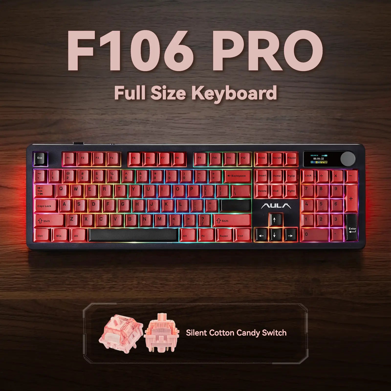 AULA F106 PRO Wireless Mechanical Keyboard,Full Size Gaming Keyboard with Hot Swappable Knob & Screen,Tri-Mode RGB Backlit with 8000Mah for Pc/Laptop/Windows