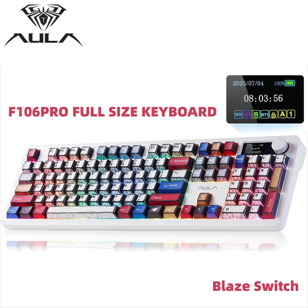 AULA F106 PRO Wireless Mechanical Keyboard,Full Size Gaming Keyboard with Hot Swappable Knob & Screen,Tri-Mode RGB Backlit with 8000Mah for Pc/Laptop/Windows